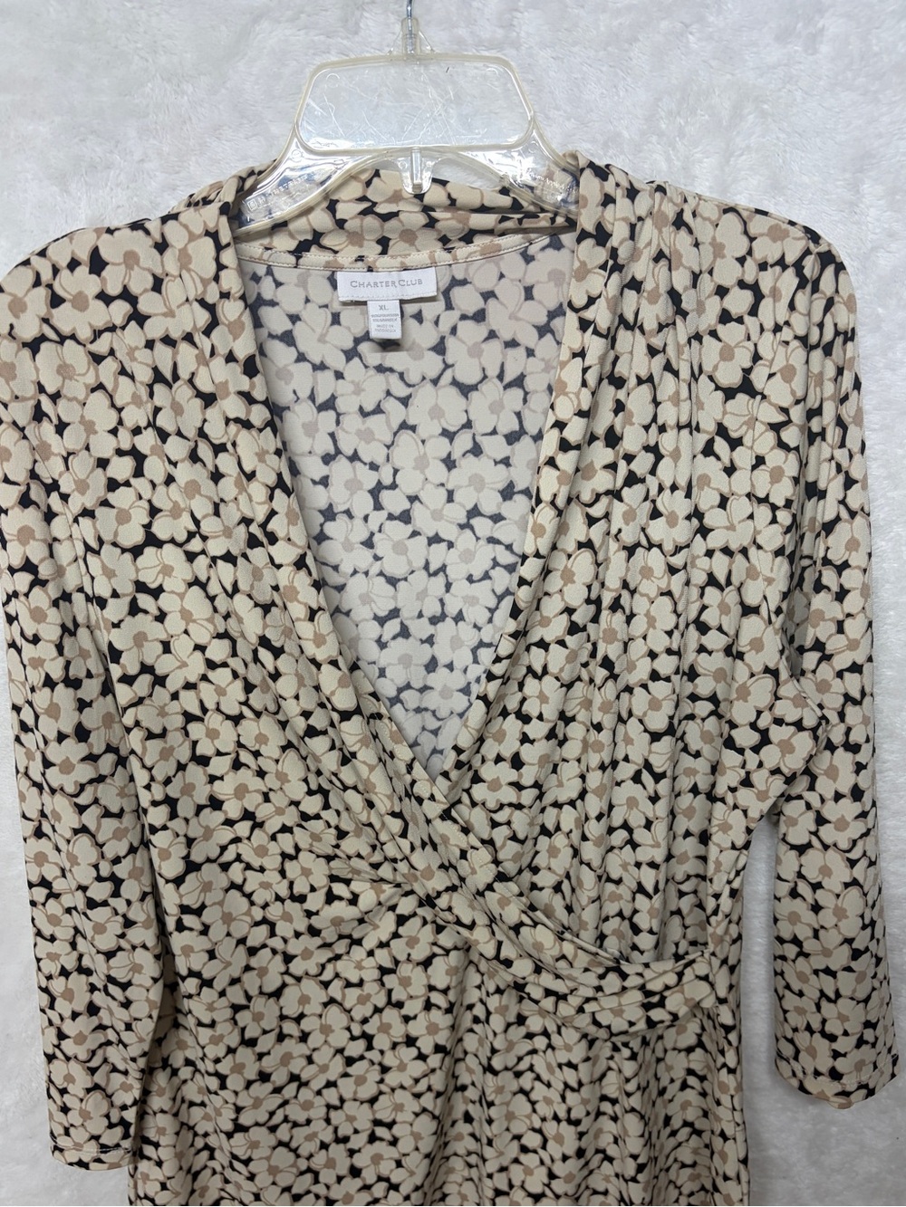 Charter Club Beige Black Floral Wrap Blouse